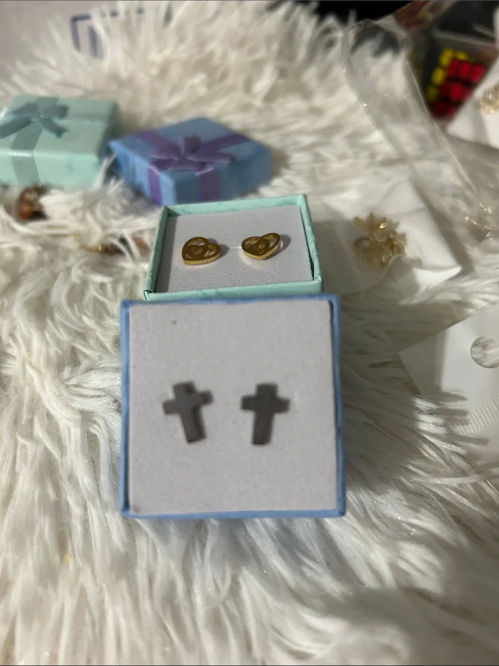 Kids Gold Heart and Silver Cross Stud Earrings Set